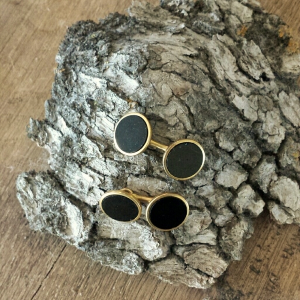 Vintage "Correct Jewelry for Men" Cuff Links 60s Black Onyx in Gold Fill Setting